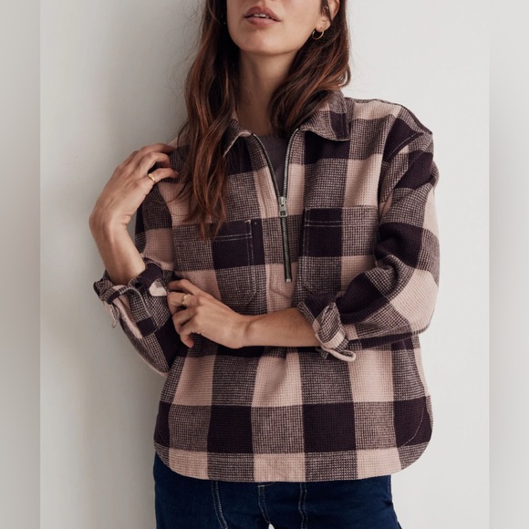 Madewell Waffle Knit Top Sweater Size XS Pink Chocolate Brown Check Half Zip - Picture 1 of 8